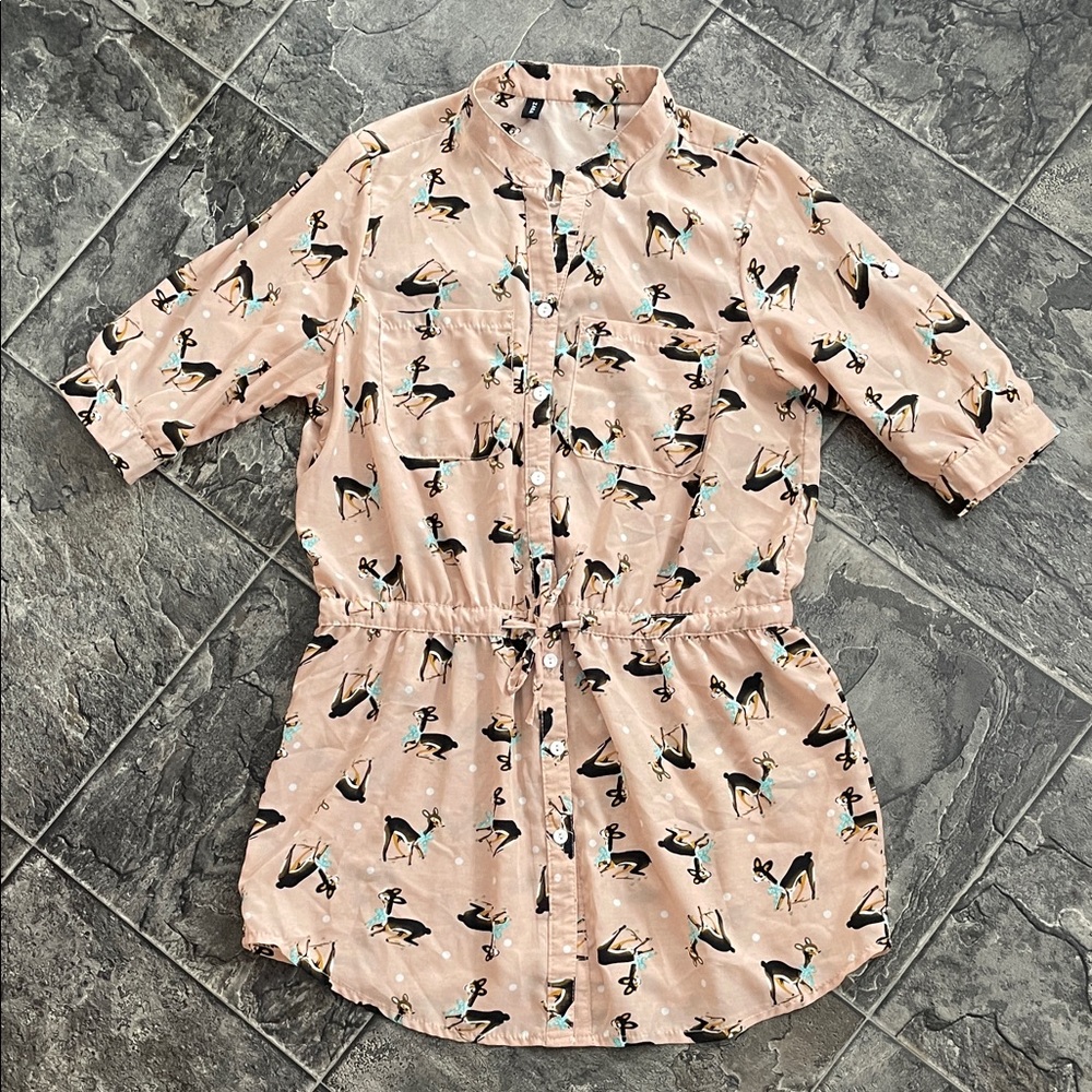 ZARA Pink Deer Print Lightweight Blouse w Tie Waist & Convertible Sleeves